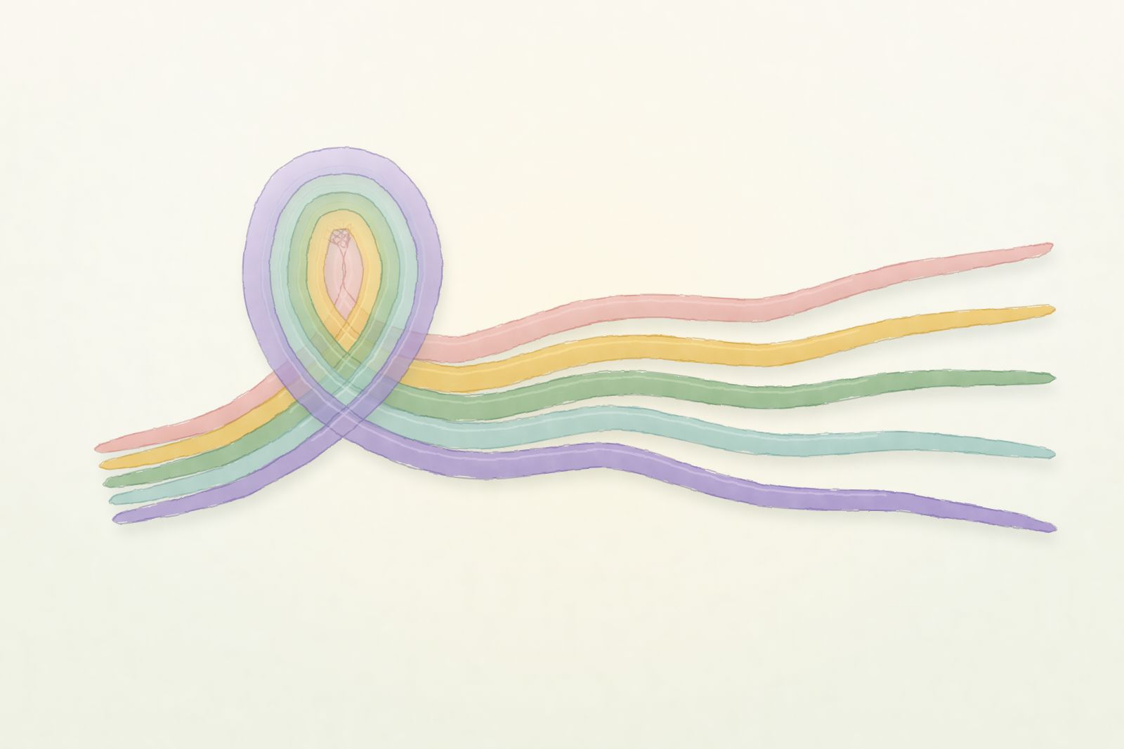 A tangle of ribbons loosening and flowing away, painted in botanical watercolour