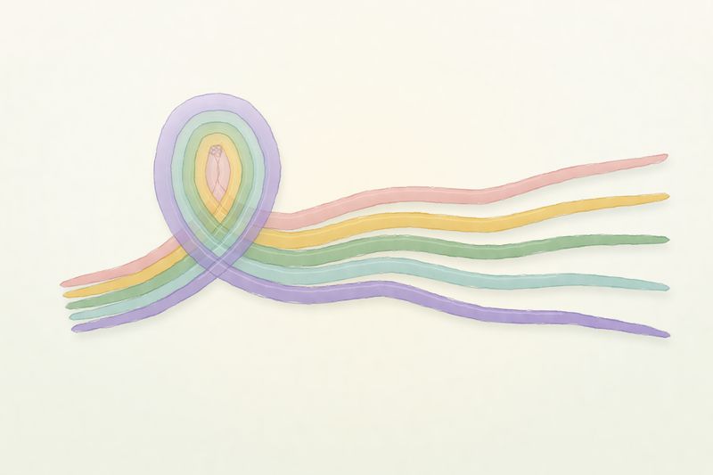 A tangle of ribbons loosening and flowing away, painted in botanical watercolour