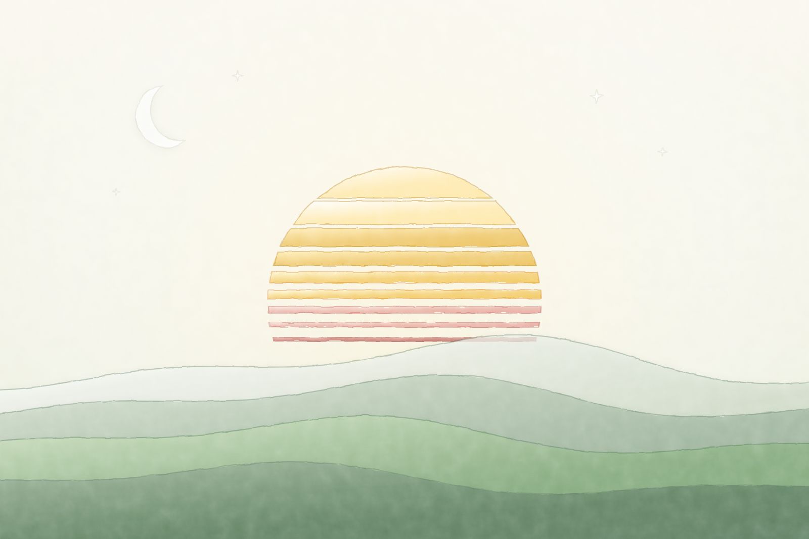 A striped sun setting into layered hills as a new moon rises, painted in botanical watercolour