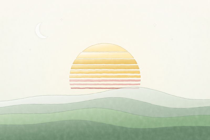 A striped sun setting into layered hills as a new moon rises, painted in botanical watercolour