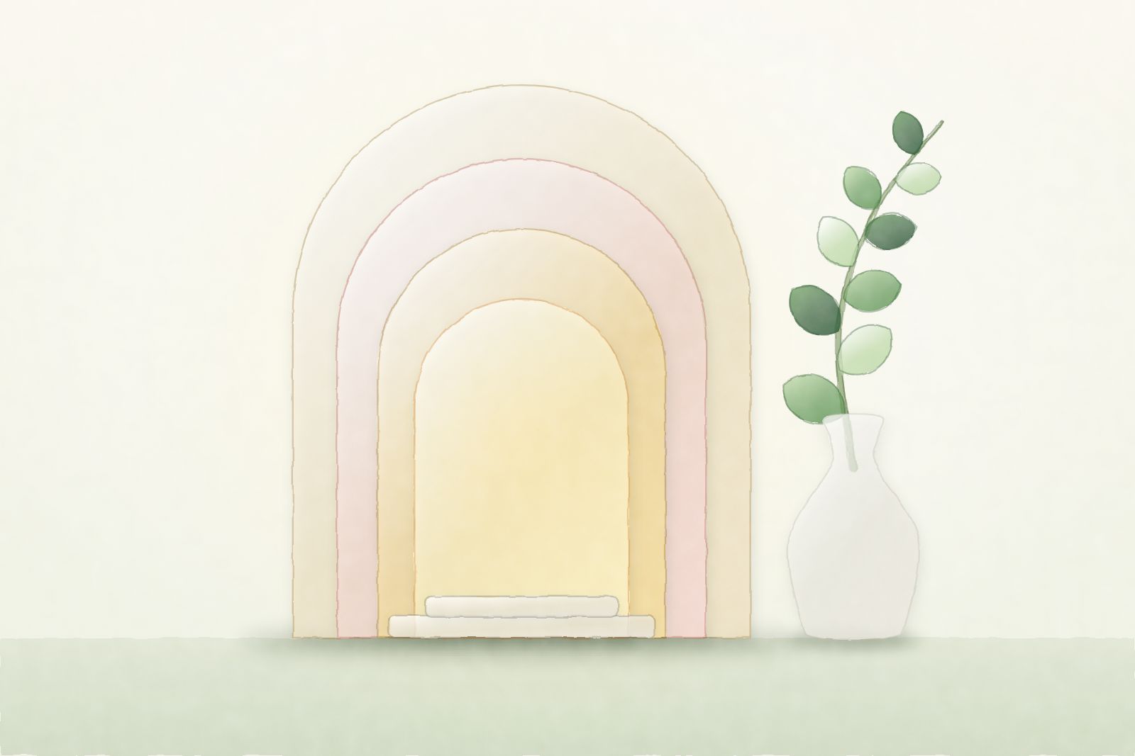 Nested arches around a softly lit doorway, a branch in a vase beside it, painted in botanical watercolour