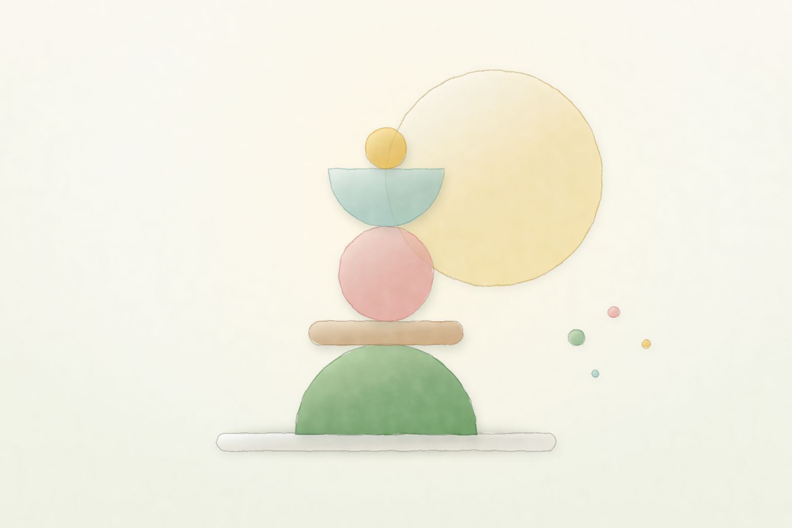 Soft shapes balanced one on another along a plumb line, a sun behind them, painted in botanical watercolour