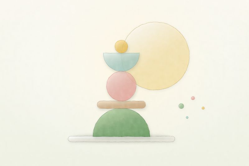 Soft shapes balanced one on another along a plumb line, a sun behind them, painted in botanical watercolour